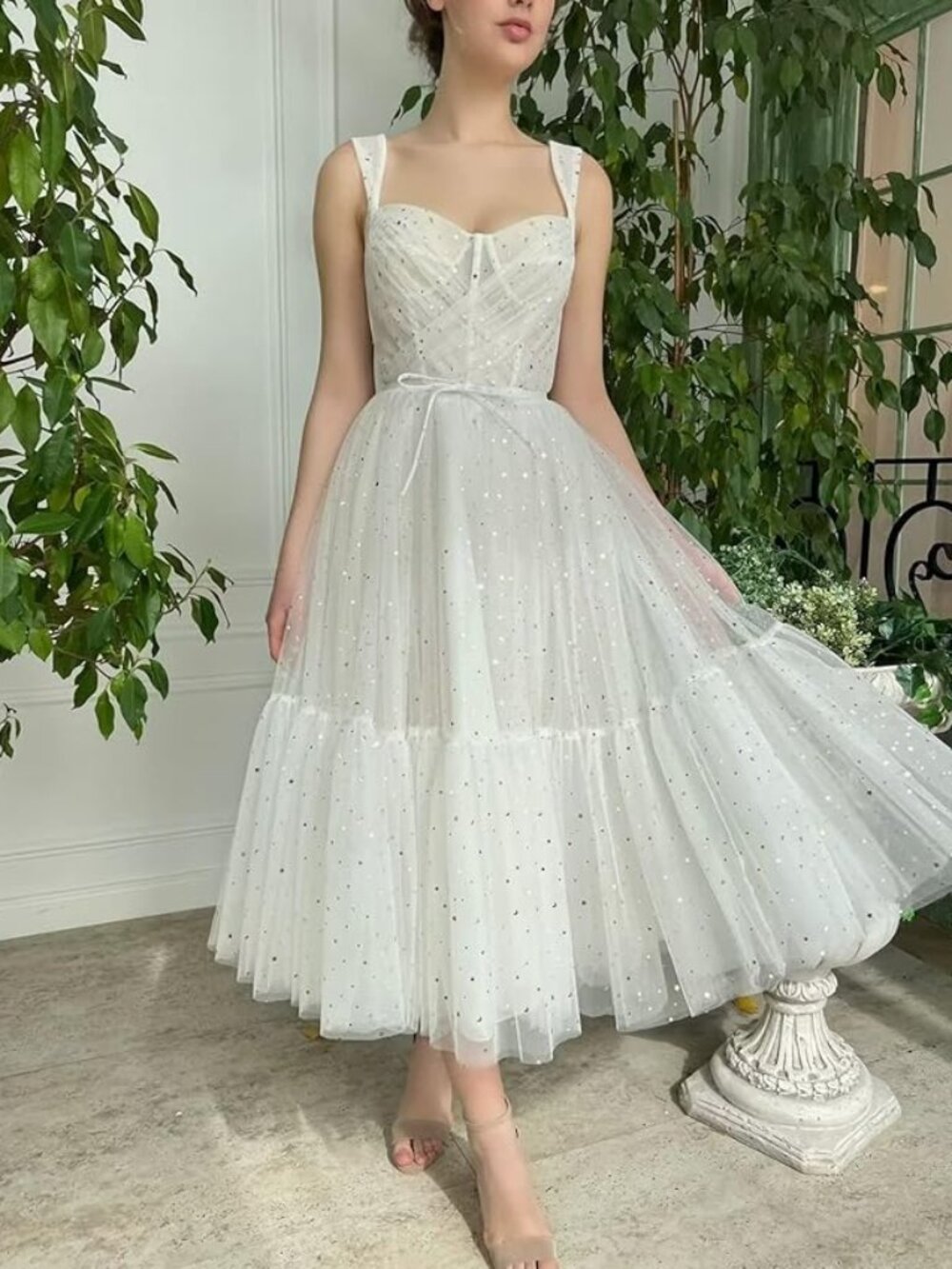 Ivory Sparkle Tulle Midi Dress with Sweetheart Bodice
